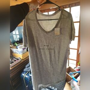 Large DANSKIN Gray V-Neck long T-Shirt with Text